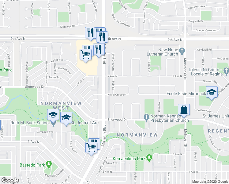 map of restaurants, bars, coffee shops, grocery stores, and more near 209 Irvin Street in Regina