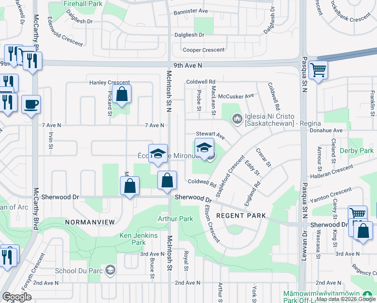 map of restaurants, bars, coffee shops, grocery stores, and more near 83 Coldwell Road in Regina