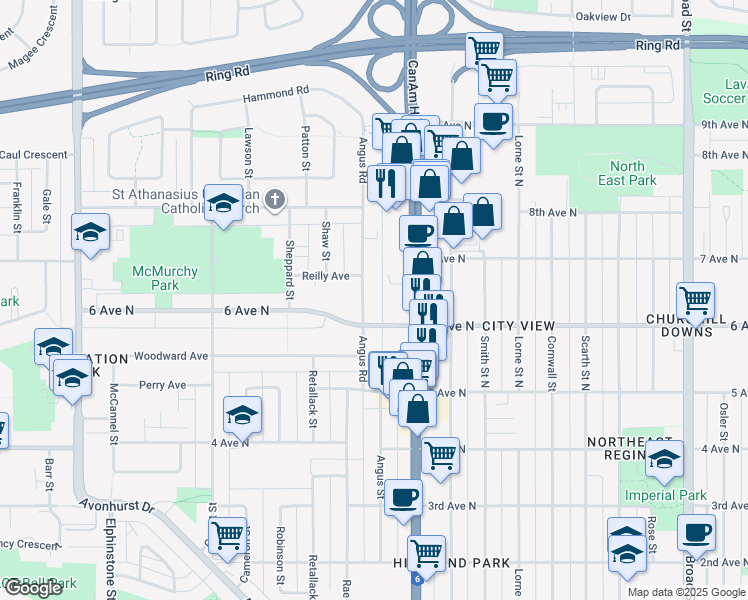 map of restaurants, bars, coffee shops, grocery stores, and more near 47 Angus Road in Regina