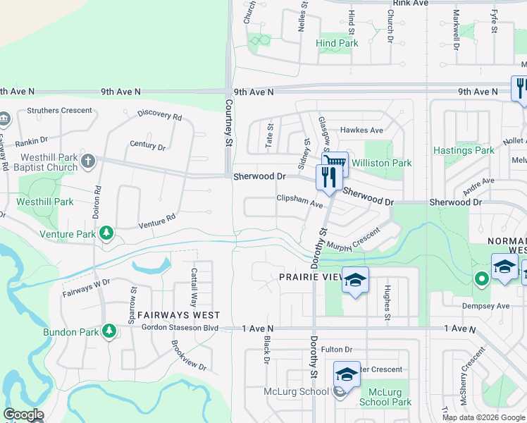 map of restaurants, bars, coffee shops, grocery stores, and more near 211 Hodgins Crescent in Regina
