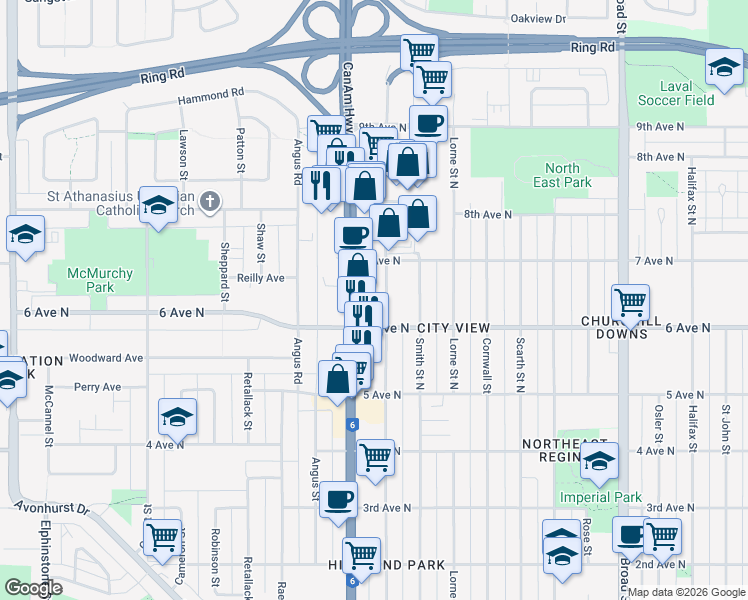 map of restaurants, bars, coffee shops, grocery stores, and more near 235 Albert Street North in Regina