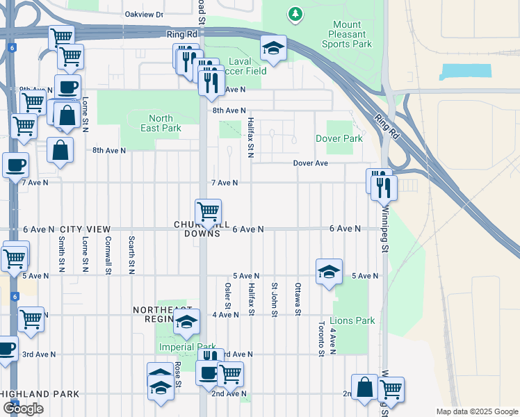 map of restaurants, bars, coffee shops, grocery stores, and more near 241 Halifax Street North in Regina