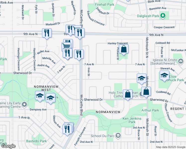 map of restaurants, bars, coffee shops, grocery stores, and more near 209 Irvin Street in Regina