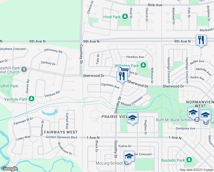 map of restaurants, bars, coffee shops, grocery stores, and more near 7203 Clipsham Avenue in Regina