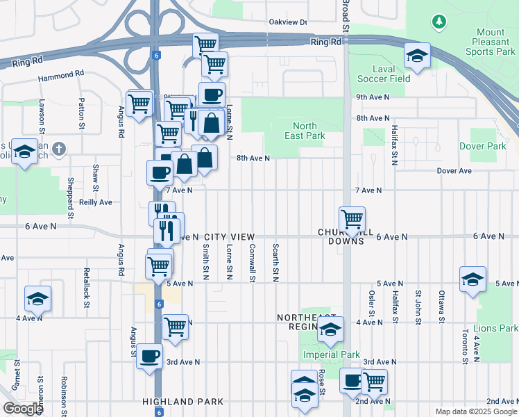 map of restaurants, bars, coffee shops, grocery stores, and more near 261 Cornwall Street North in Regina