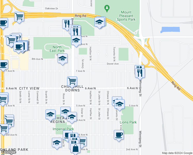 map of restaurants, bars, coffee shops, grocery stores, and more near 241 Halifax Street North in Regina
