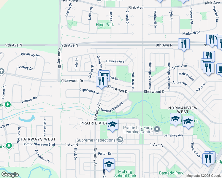 map of restaurants, bars, coffee shops, grocery stores, and more near 34 Hayes Crescent in Regina