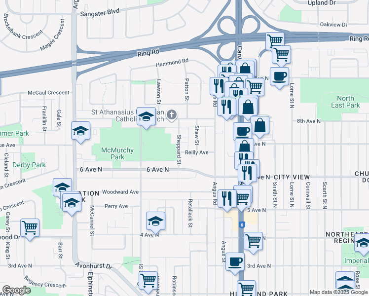 map of restaurants, bars, coffee shops, grocery stores, and more near 29 Sheppard Street in Regina