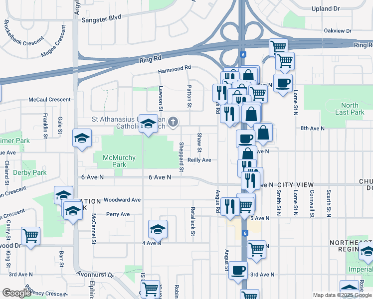 map of restaurants, bars, coffee shops, grocery stores, and more near 40 Sheppard Street in Regina