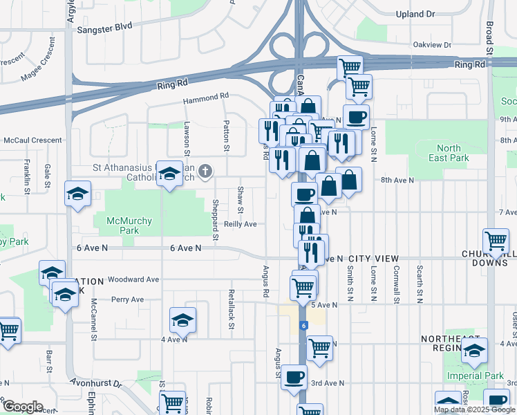 map of restaurants, bars, coffee shops, grocery stores, and more near 80 Angus Road in Regina