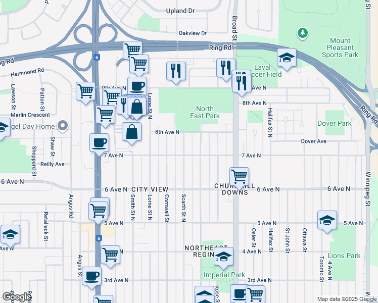 map of restaurants, bars, coffee shops, grocery stores, and more near in Regina