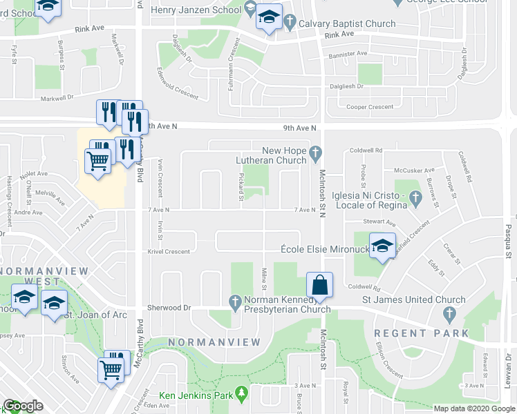 map of restaurants, bars, coffee shops, grocery stores, and more near 5208 7 Avenue North in Regina