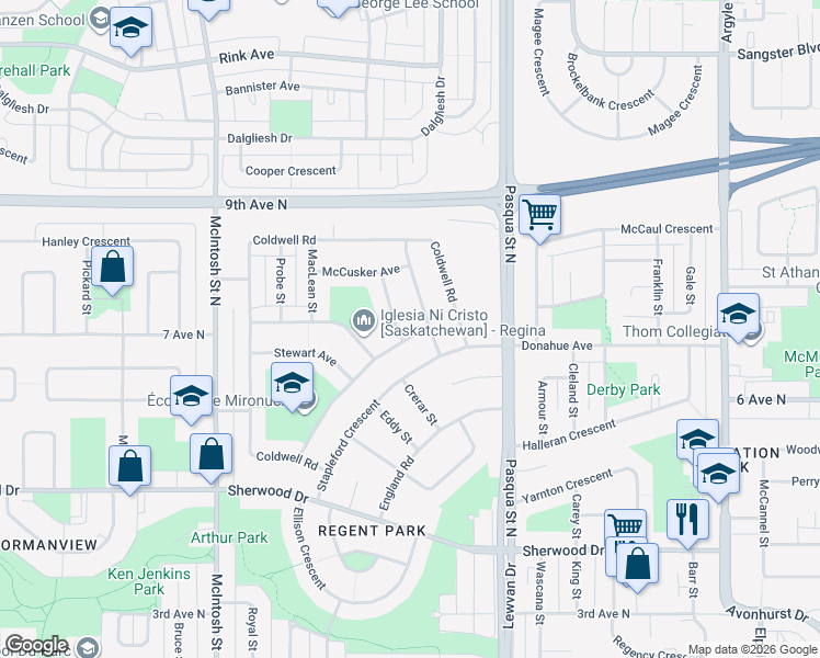 map of restaurants, bars, coffee shops, grocery stores, and more near 114 Wakefield Crescent in Regina