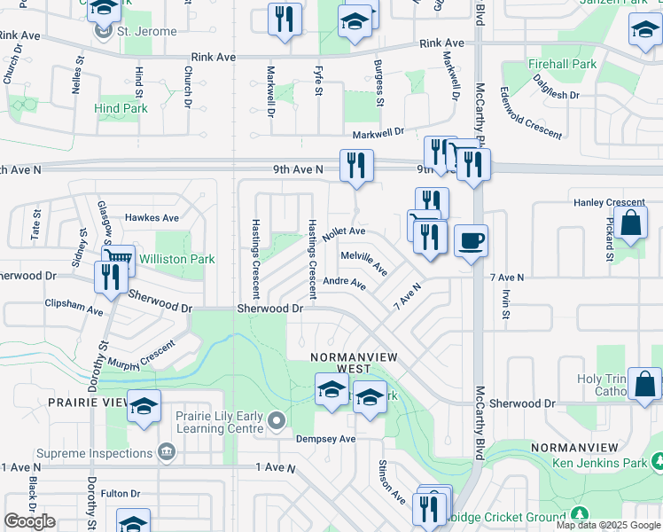 map of restaurants, bars, coffee shops, grocery stores, and more near 10 O'Neill Street in Regina