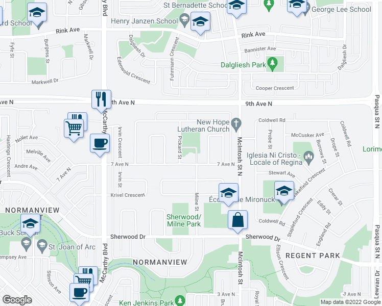 map of restaurants, bars, coffee shops, grocery stores, and more near 5208 7 Avenue North in Regina
