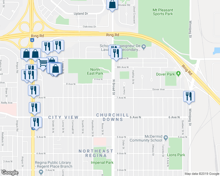 map of restaurants, bars, coffee shops, grocery stores, and more near in Regina