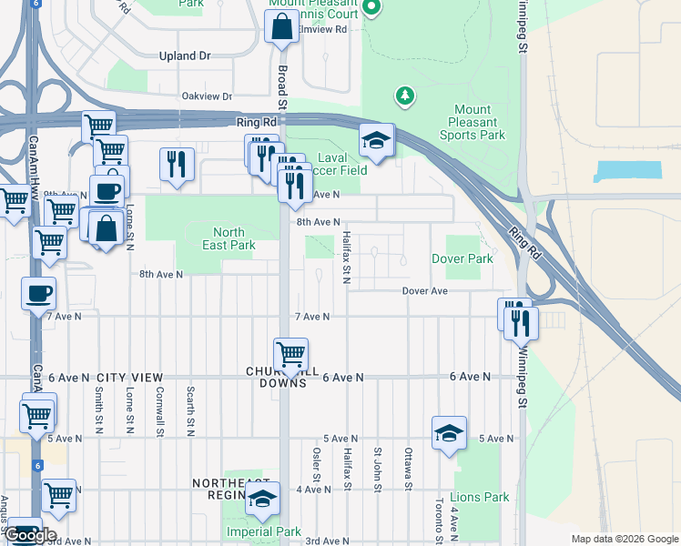 map of restaurants, bars, coffee shops, grocery stores, and more near 328 Halifax Street North in Regina