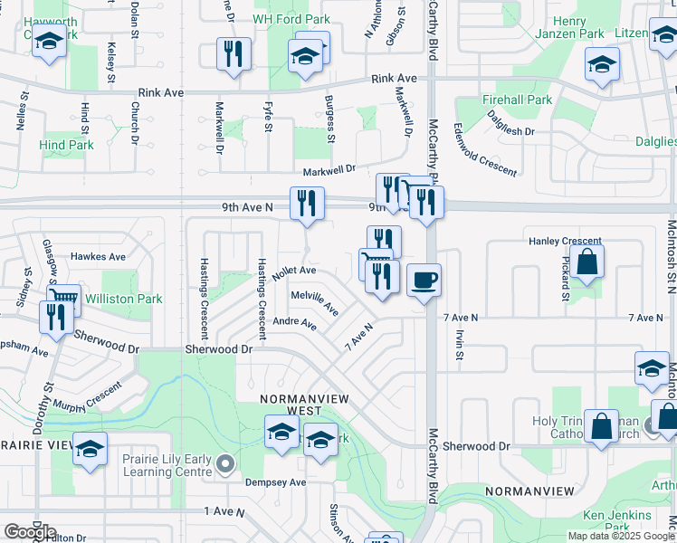 map of restaurants, bars, coffee shops, grocery stores, and more near 60 Nollet Avenue in Regina