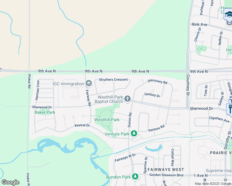 map of restaurants, bars, coffee shops, grocery stores, and more near 315 Warwick Drive in Regina