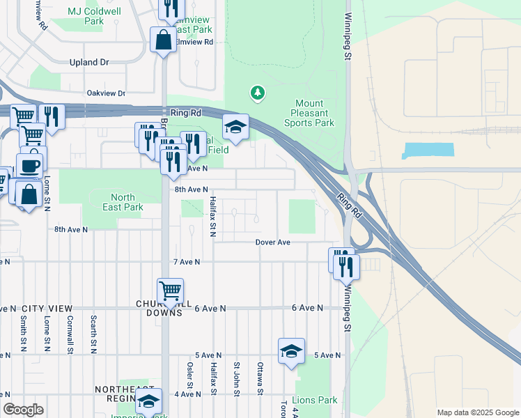 map of restaurants, bars, coffee shops, grocery stores, and more near 15 Ottawa Place in Regina