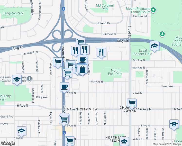map of restaurants, bars, coffee shops, grocery stores, and more near 419 Lorne Street North in Regina