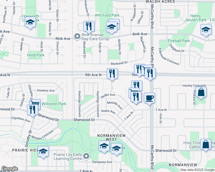 map of restaurants, bars, coffee shops, grocery stores, and more near 20 Gore Place in Regina