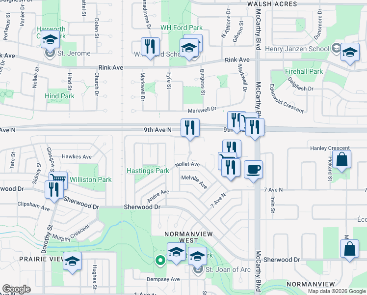 map of restaurants, bars, coffee shops, grocery stores, and more near 160 Gore Place in Regina
