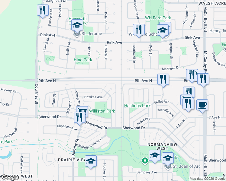map of restaurants, bars, coffee shops, grocery stores, and more near 122 Hawkes Bay in Regina