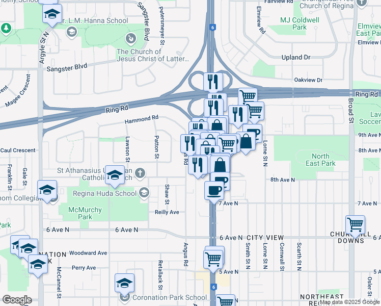 map of restaurants, bars, coffee shops, grocery stores, and more near 154 Angus Road in Regina
