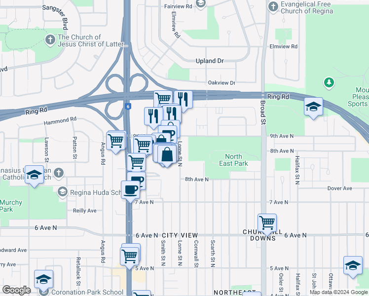 map of restaurants, bars, coffee shops, grocery stores, and more near 477 Lorne Street North in Regina