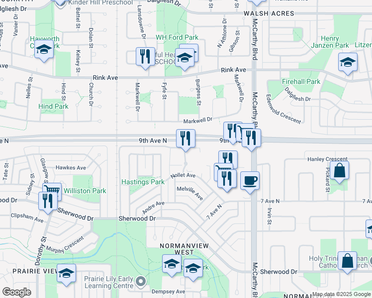 map of restaurants, bars, coffee shops, grocery stores, and more near 160 Gore Place in Regina