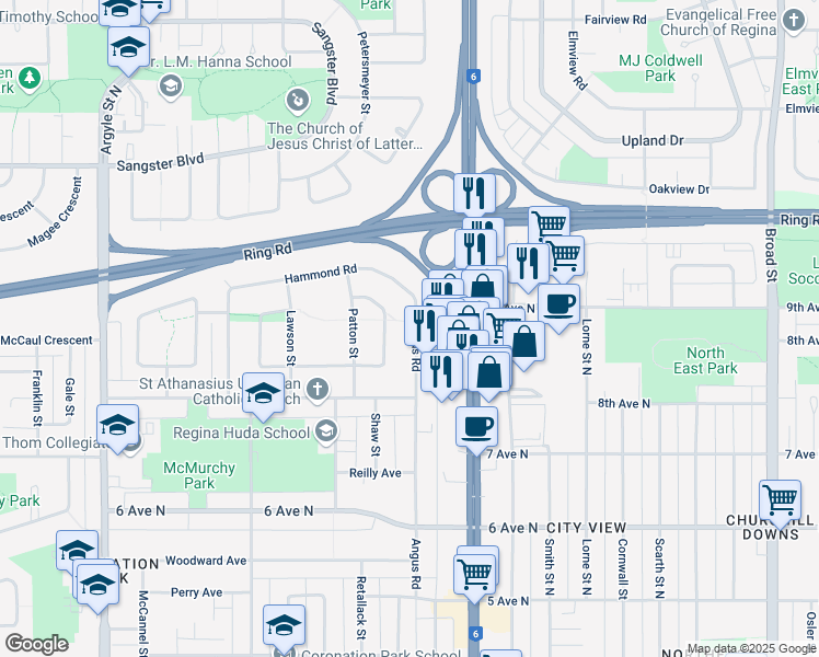 map of restaurants, bars, coffee shops, grocery stores, and more near 154 Angus Road in Regina