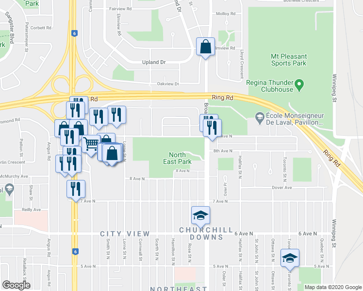 map of restaurants, bars, coffee shops, grocery stores, and more near 1925 9th Avenue North in Regina