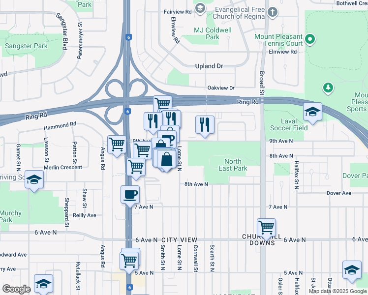 map of restaurants, bars, coffee shops, grocery stores, and more near 477 Lorne Street North in Regina