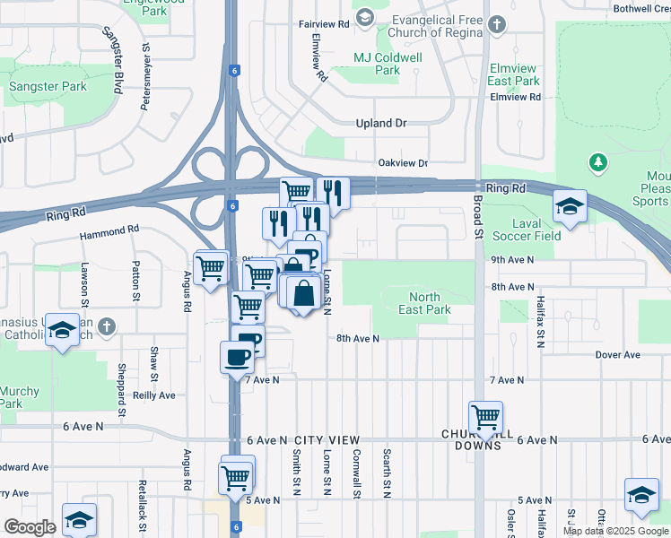 map of restaurants, bars, coffee shops, grocery stores, and more near 477 Lorne Street North in Regina