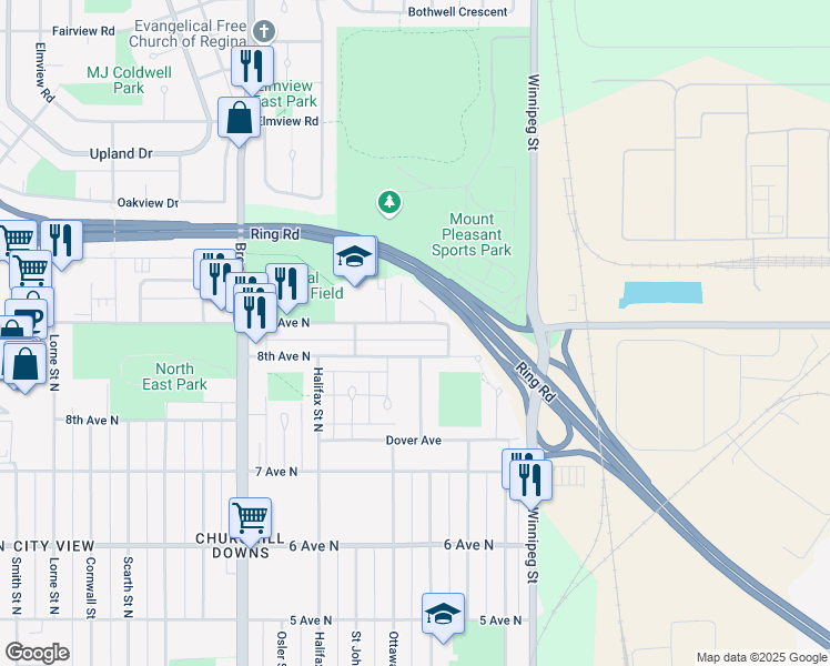 map of restaurants, bars, coffee shops, grocery stores, and more near 1247 9th Avenue North in Regina