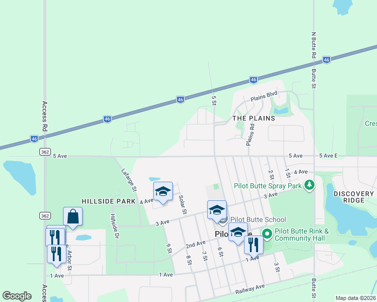 map of restaurants, bars, coffee shops, grocery stores, and more near 366 5 Avenue in Pilot Butte