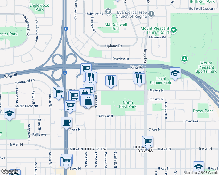 map of restaurants, bars, coffee shops, grocery stores, and more near 2140 9th Avenue North in Regina