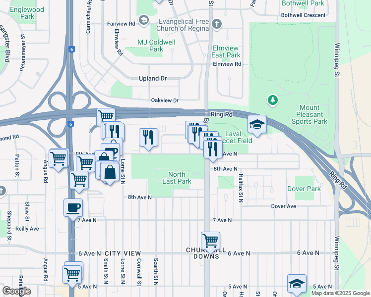 map of restaurants, bars, coffee shops, grocery stores, and more near 3 Kleisinger Crescent in Regina