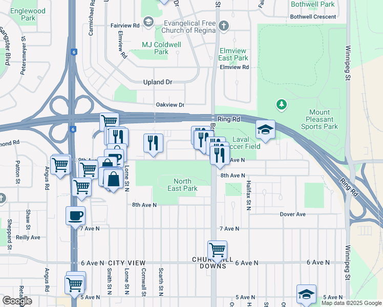 map of restaurants, bars, coffee shops, grocery stores, and more near 1925 9th Avenue North in Regina