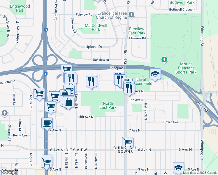 map of restaurants, bars, coffee shops, grocery stores, and more near 1925 9th Avenue North in Regina