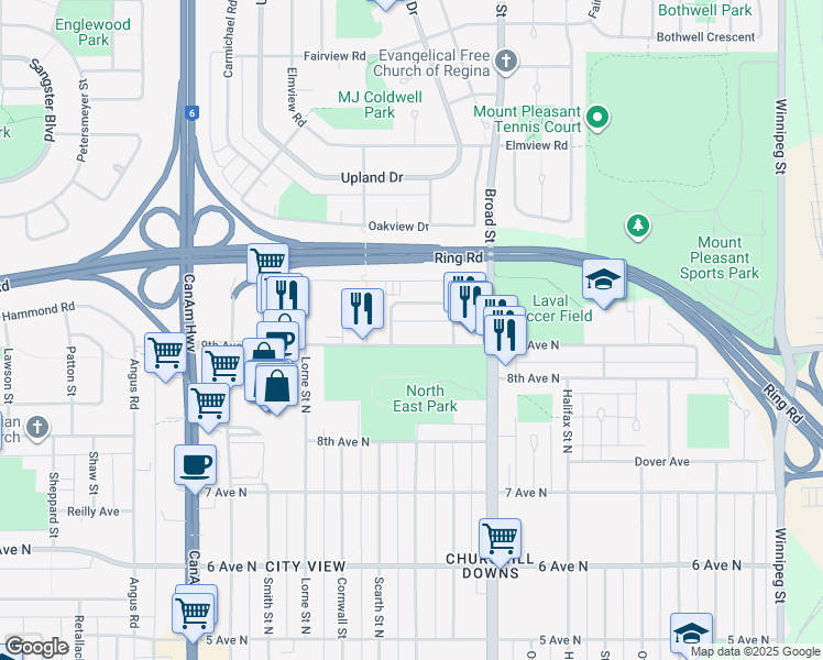 map of restaurants, bars, coffee shops, grocery stores, and more near 2020 9th Avenue North in Regina