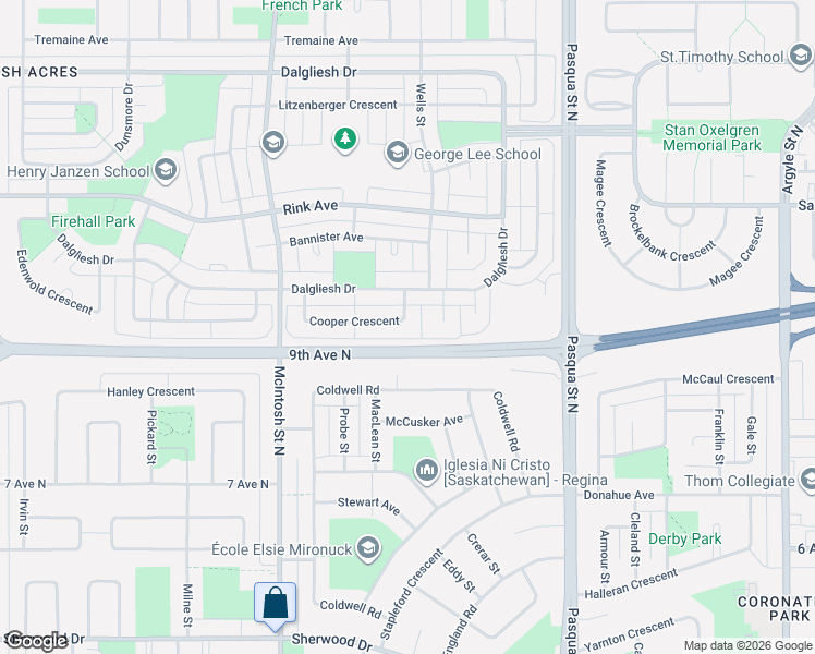 map of restaurants, bars, coffee shops, grocery stores, and more near 7 Dalgliesh Drive in Regina