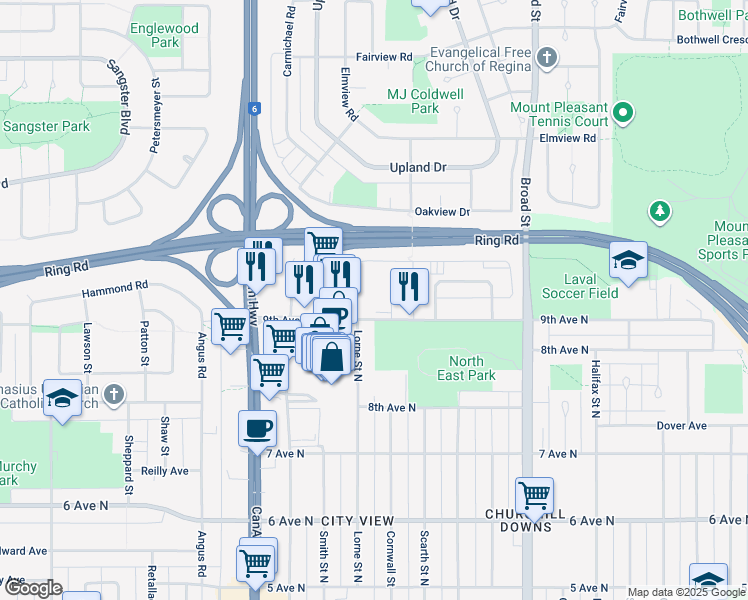 map of restaurants, bars, coffee shops, grocery stores, and more near 14 Schemmer Bay in Regina