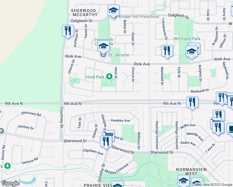map of restaurants, bars, coffee shops, grocery stores, and more near 117 Church Drive in Regina