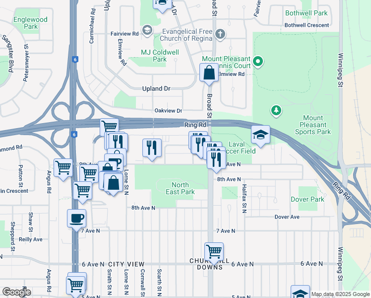 map of restaurants, bars, coffee shops, grocery stores, and more near 28 Kleisinger Crescent in Regina