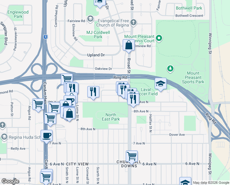 map of restaurants, bars, coffee shops, grocery stores, and more near 27 Kleisinger Crescent in Regina
