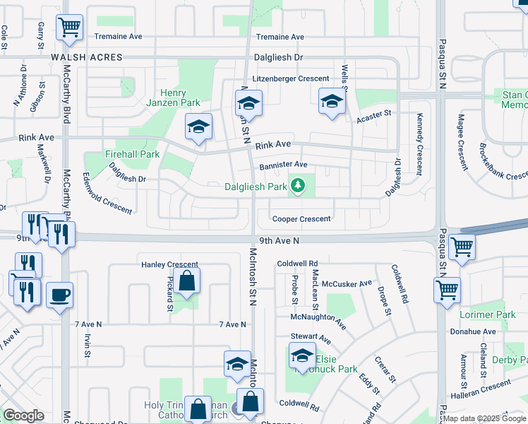 map of restaurants, bars, coffee shops, grocery stores, and more near 179 Cooper Crescent in Regina