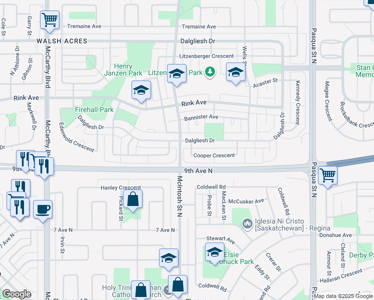 map of restaurants, bars, coffee shops, grocery stores, and more near 179 Cooper Crescent in Regina