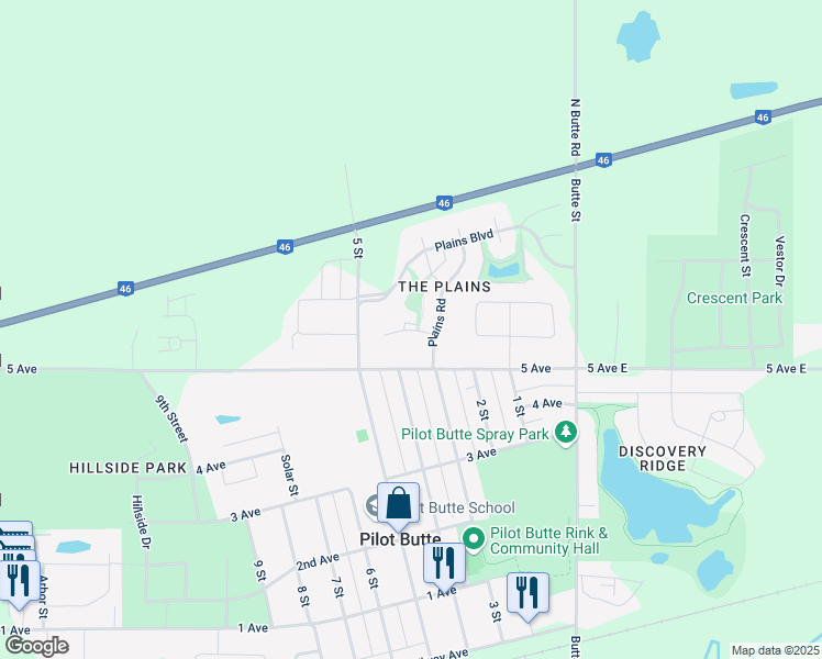 map of restaurants, bars, coffee shops, grocery stores, and more near Plains Circle in Pilot Butte